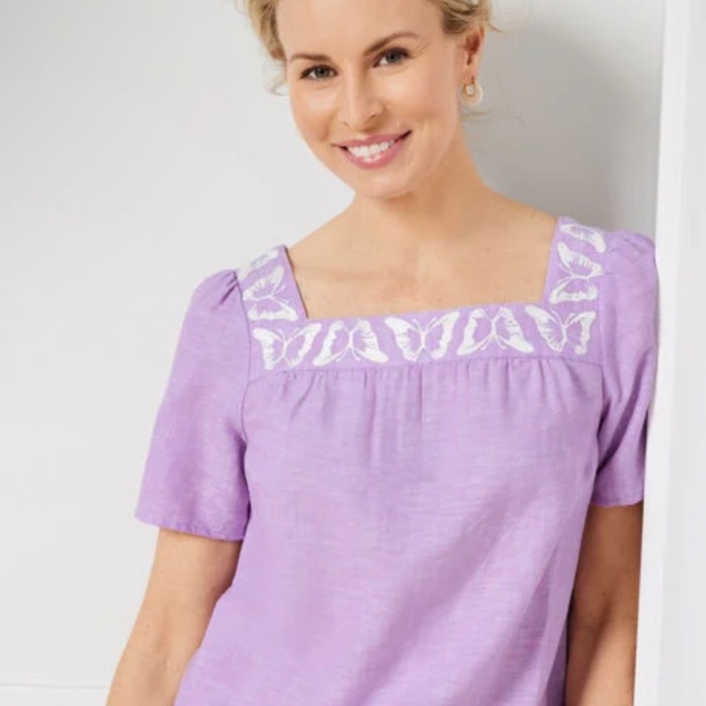 NWT Talbots Lilac Butterfly Embroidered Linen Blend Square Neck Top